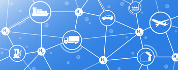 Visualisierung der Bedeutung von Wasserstoff innerhalb eines Netzdiagramms, wobei vom Symbol H2 Linien zu Piktogrammen von Autos und Schiffen führen