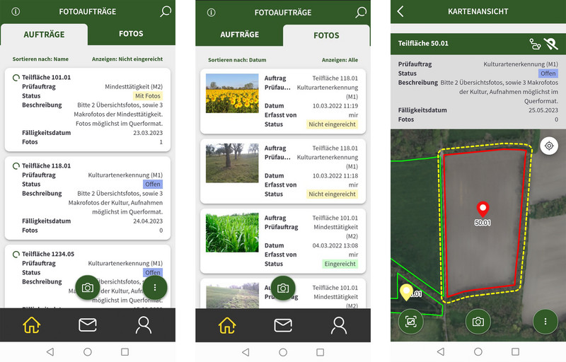 Kombination von Screenshots aus der LaFIS-Geofoto-App für Fotoaufträge, Fotoübersicht und Kartenansicht