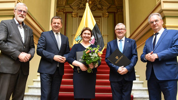 Reiner Robra, Chef der Staatskanzelei, Wirtschaftsminister Sven Schulze, Staatssekretärin Stefanie Pötzsch, Staatssekretär Dr. Jürgen Ude und Ministerpräsident Reiner Haseloff